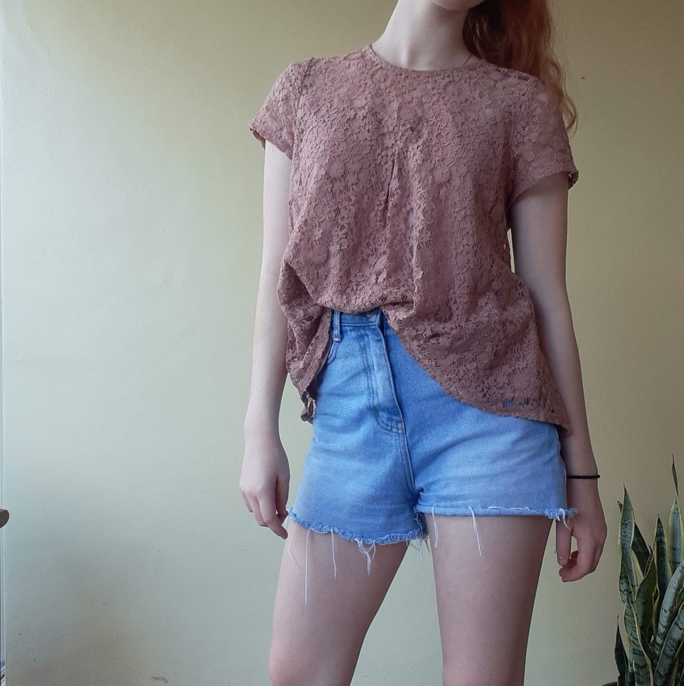 Short Sleeve Mauve Pink Lacey Loose Fit Blouse Top